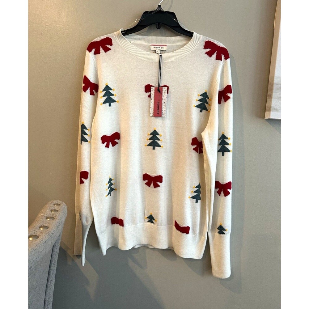 Andrée by Unit Women’s L Christmas Knit Pullover Sweater Crew Neck Bow Tree0022